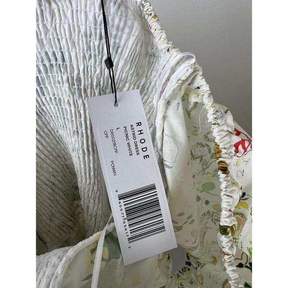 NEW Rhode Astrid Smocked Printed Dress Size L Puff Sleeve Picnic White Pleat - Picture 9 of 12